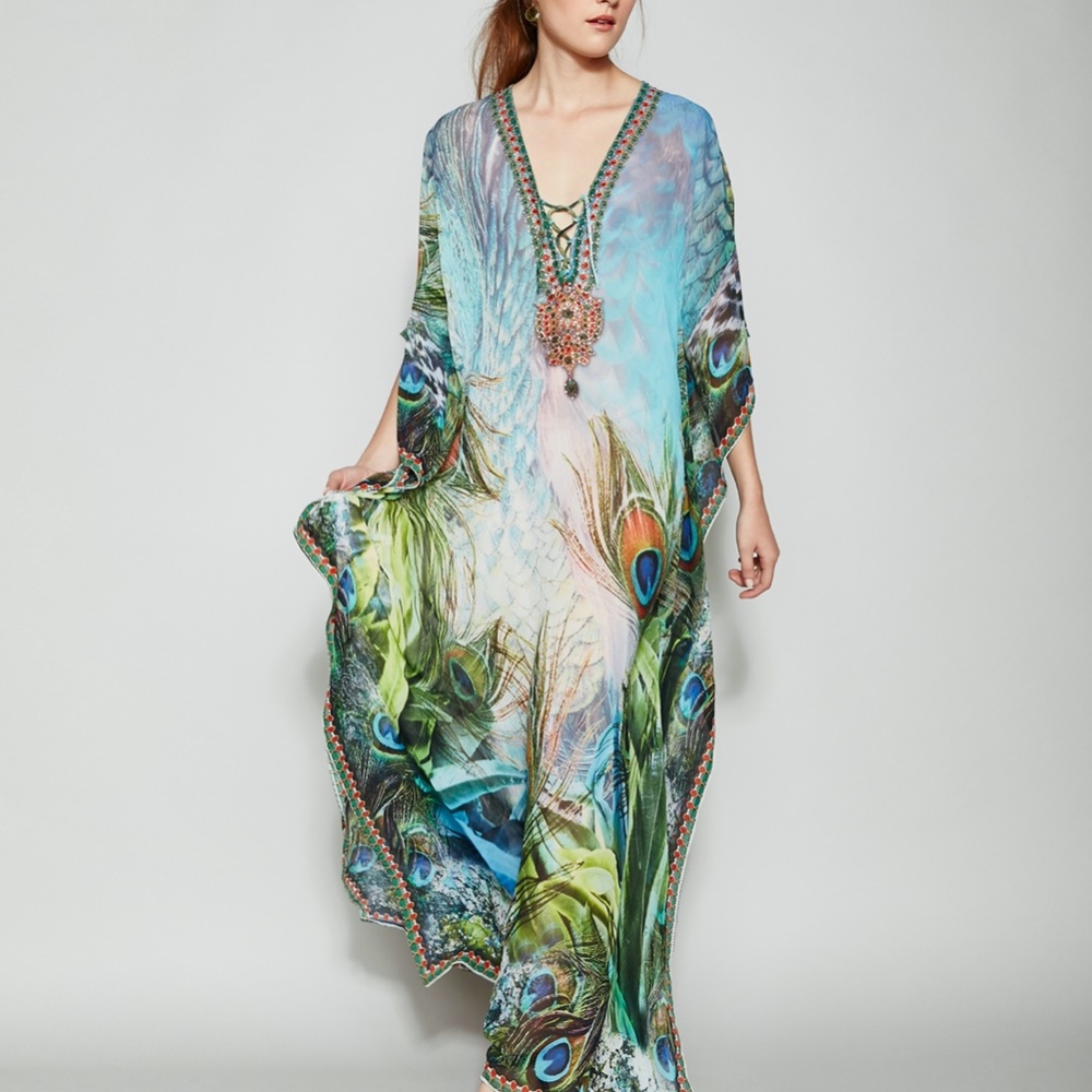 NWT Bohemian Peacock Silk Kaftan/Dress